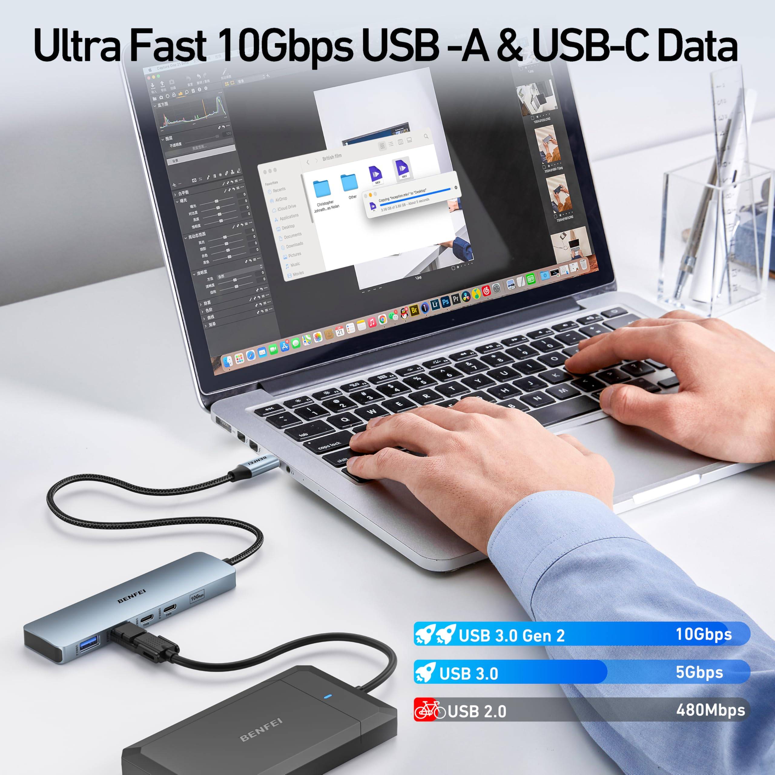 BENFEI 6-in-1 USB C HUB mit HDMI 4K@60Hz/100W PD Stromversorgung/ 2*USB A und 2*USB C 10Gbps-2