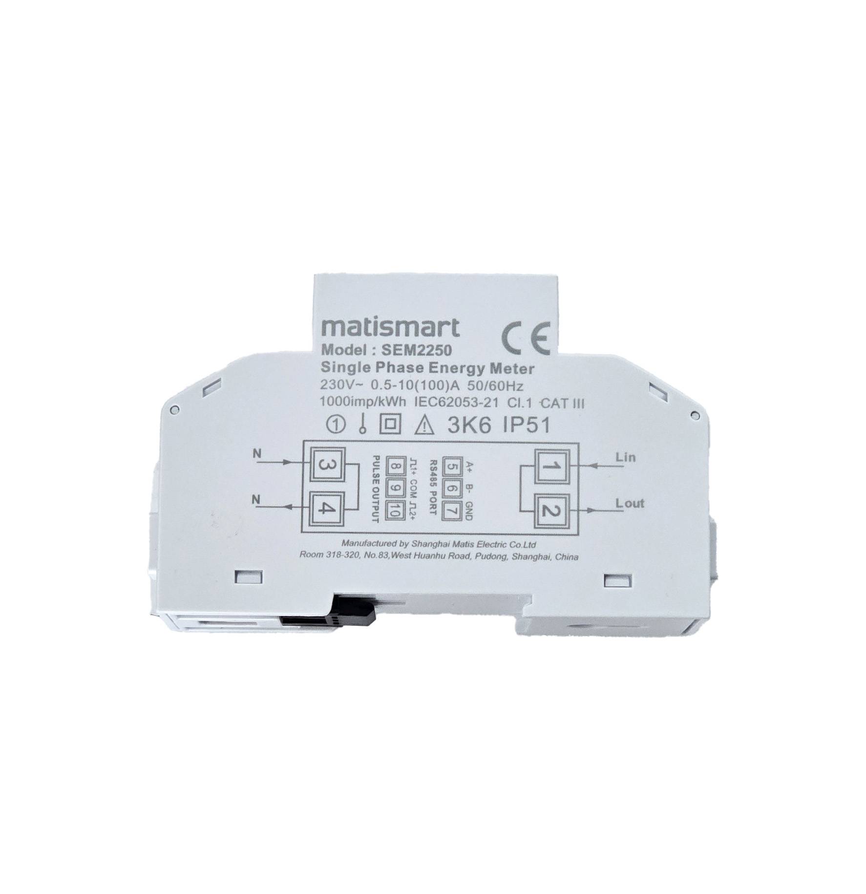 Matismart SEM2000 Einphasen-Smartmeter 230V bis 100A, Modbus, DIN-Schiene, MID, Klasse 1-2