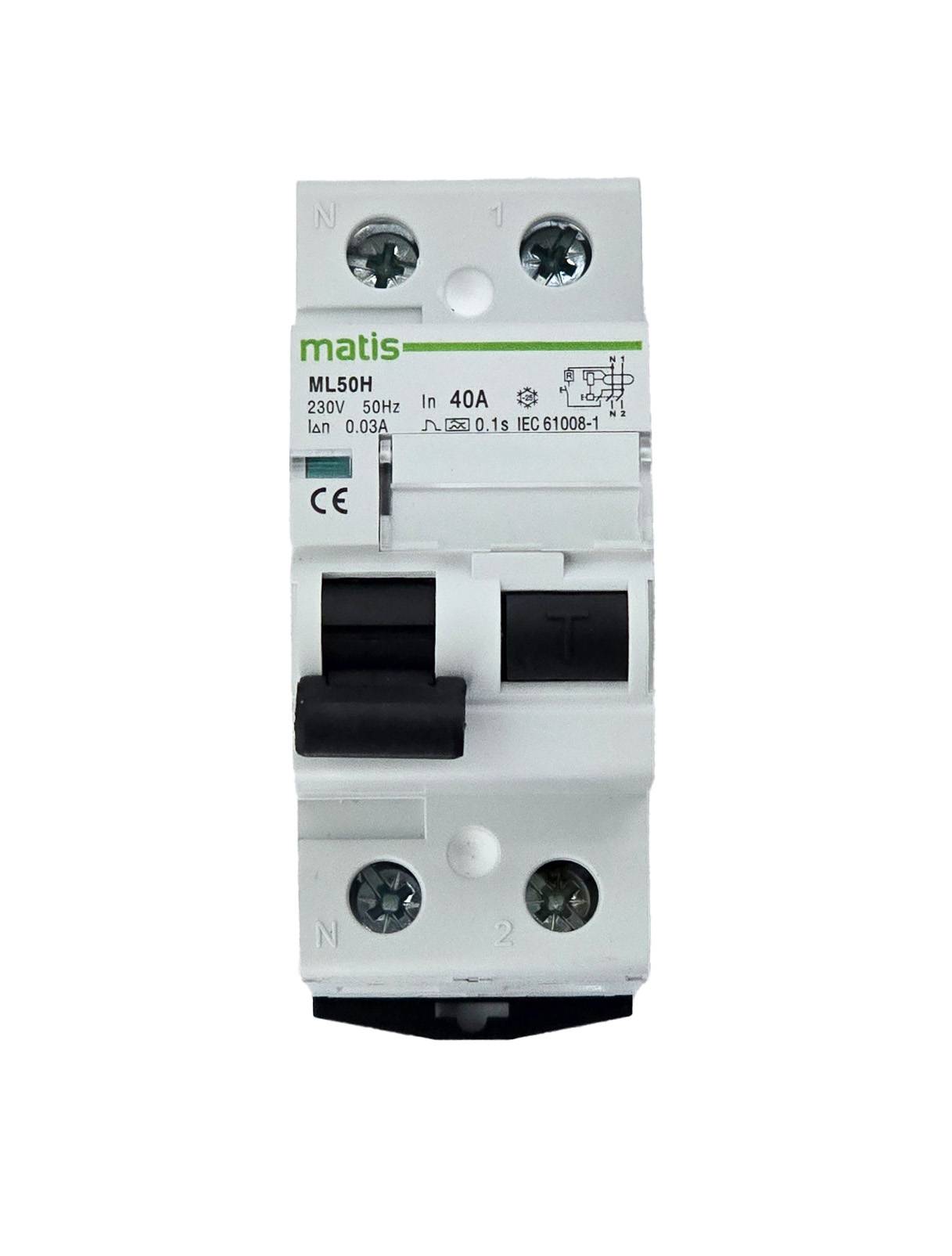 Matismart ML50H2P FI Schutzschalter 2-polig 40A/30mA, AC, Test-Taste, VDE, IP2x-0