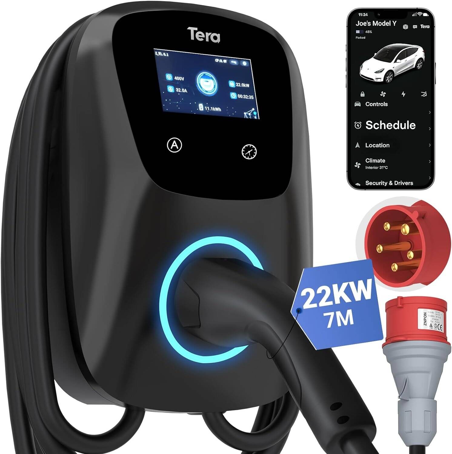 Tera EV W01 22kW EV Ladegerät, 32A Typ 2, 400V, App-Steuerung, 3-Phasen, 7m Kabel, Schwarz-0