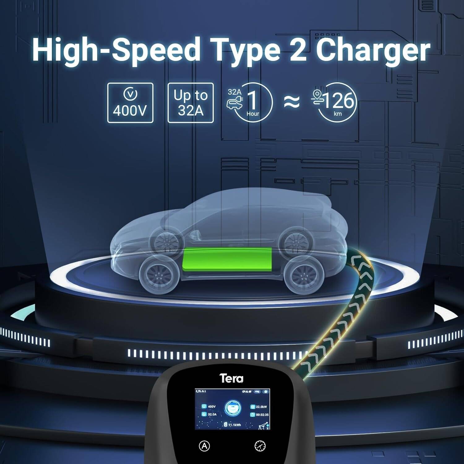 Tera EV W01 22kW EV Ladegerät, 32A Typ 2, 400V, App-Steuerung, 3-Phasen, 7m Kabel, Schwarz-2