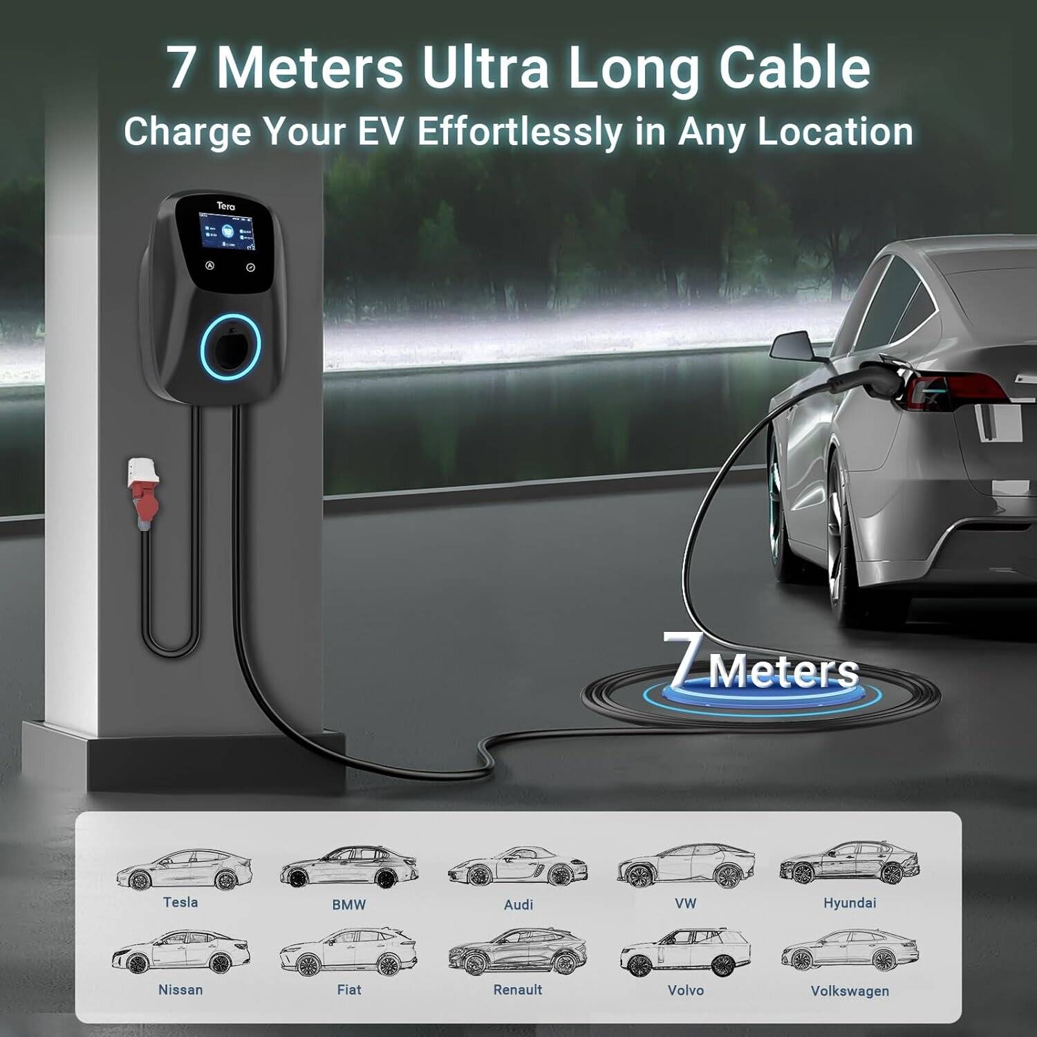 Tera EV W01 22kW EV Ladegerät, 32A Typ 2, 400V, App-Steuerung, 3-Phasen, 7m Kabel, Schwarz-3