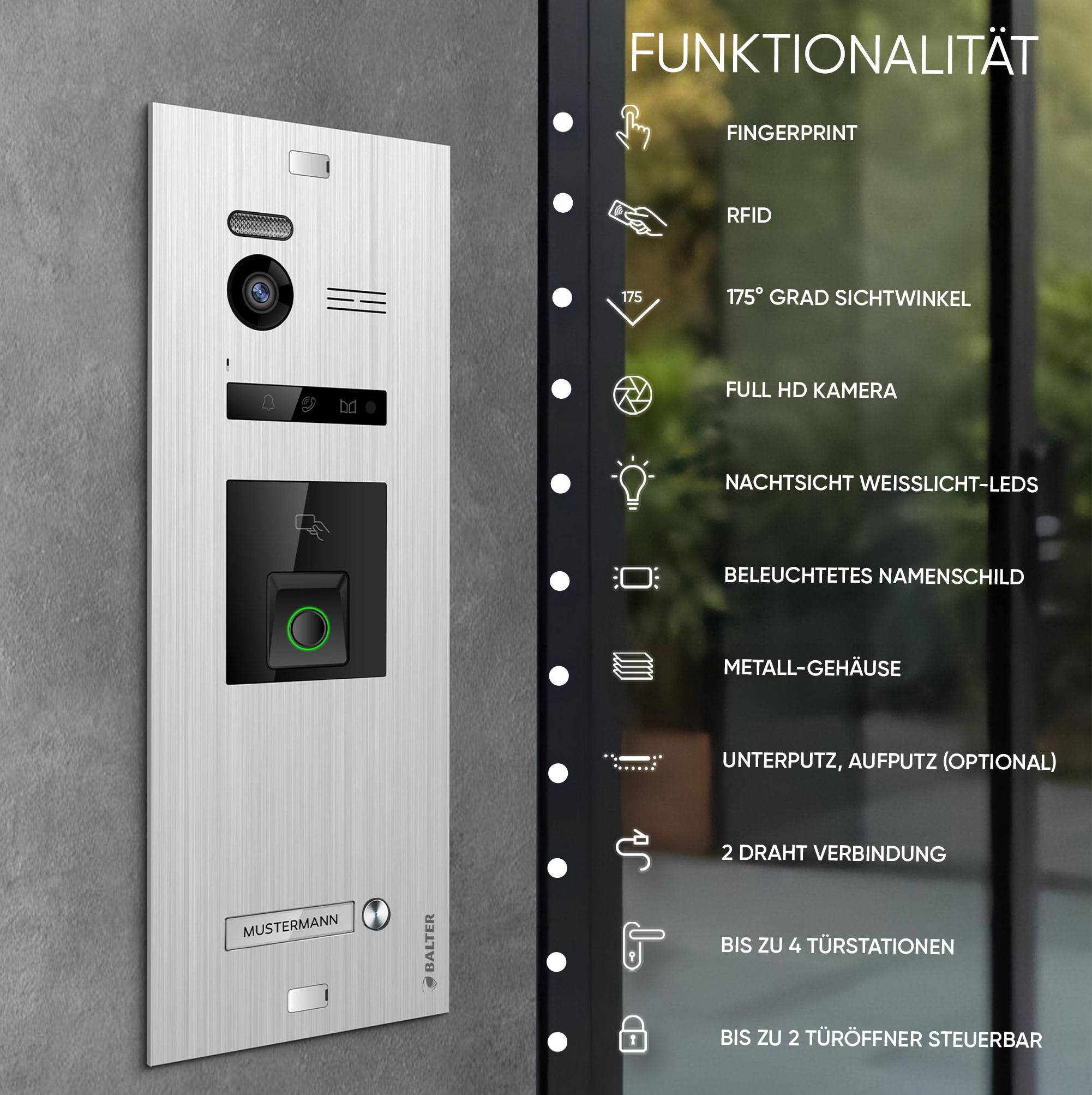Balter EVO-HD Video Türsprechanlage mit Fingerprint, Video Türklingel, 1 Familienhaus, 1x 7 Zoll Monitore, Full HD-1