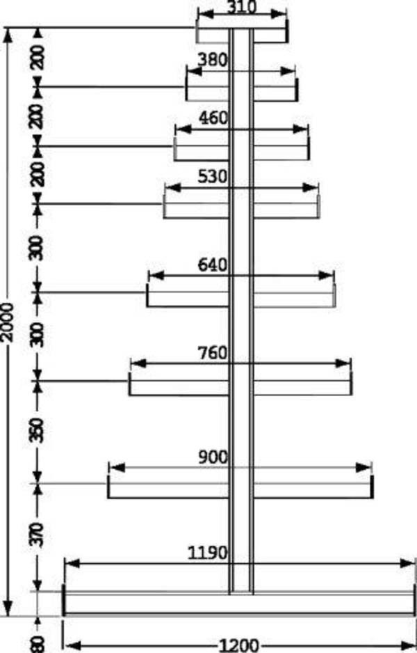 Langgutregal ATLAS ST B4050xT2x500xH2000 mm doppelseitig RAL 5010 2x4 Arme Traglast 150kg - Artikel: 7830425548