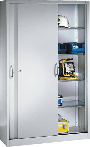 Schiebetürenschrank B1600xT500xH1950 mm RAL 7035, 8 Fachböden mit Mitteltrennwand CP-0
