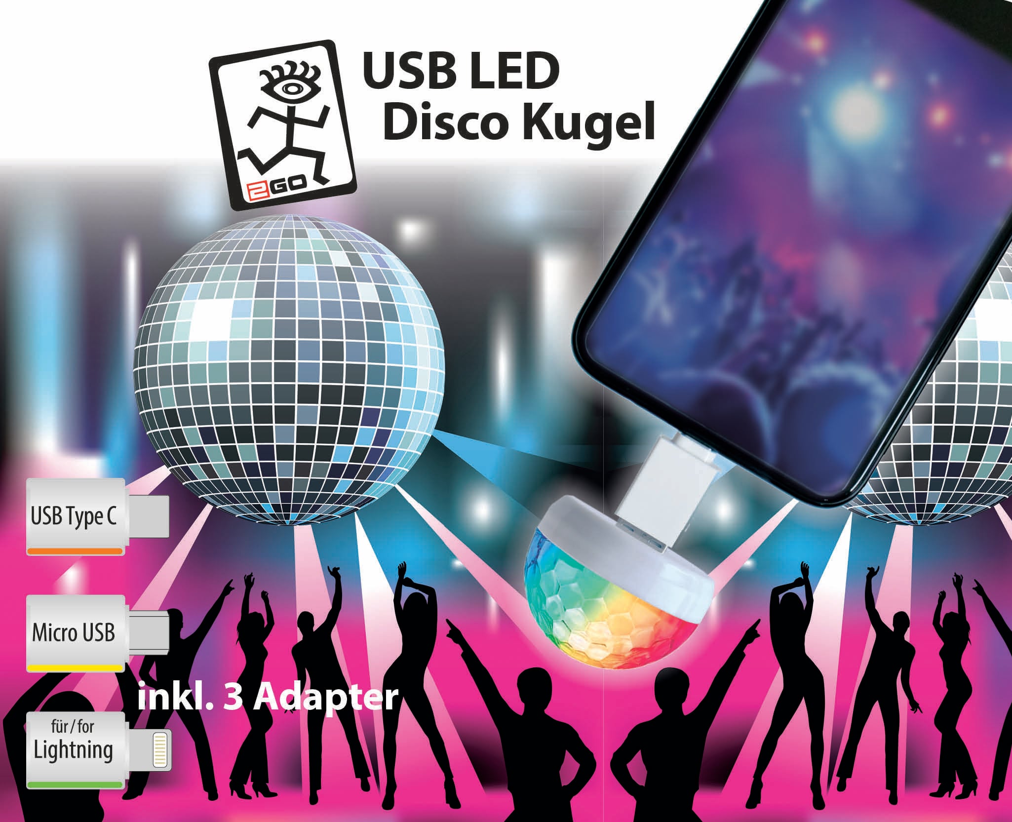 2GO USB LED Discokugel incl. 3 Adapter weiß - Adapter-0
