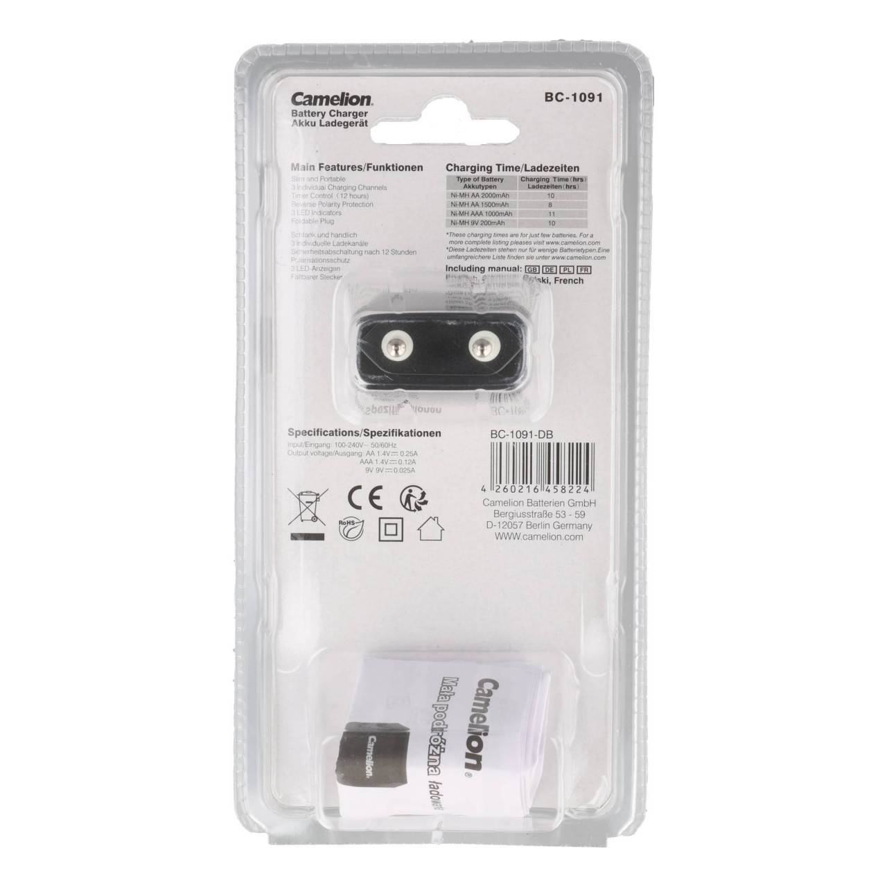 Camelion Stecker-Ladegerät BC-1091 für 1-2 AA oder 1-2 AAA oder 1x 9V Block Ni-MH Akkus-3