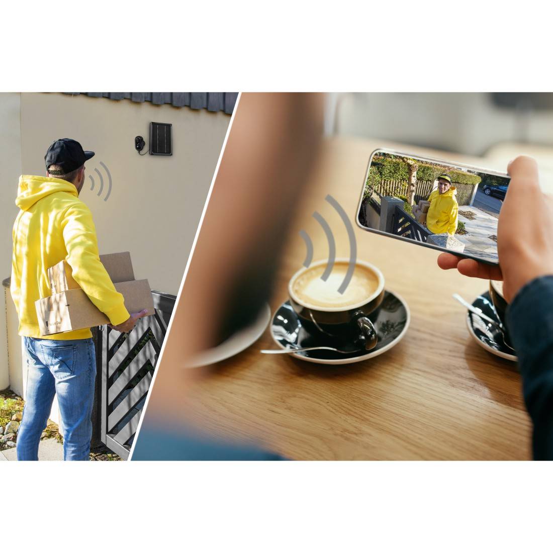 Ein Zusteller wird von einer Überwachungskamera am Haus erfasst, die das Bild an ein Smartphone sendet.