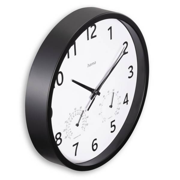 hama 00185868 Wanduhr "Malta", Ø 25 cm, mit Thermo-/Hygrometer, ohne Ticken, Schwarz