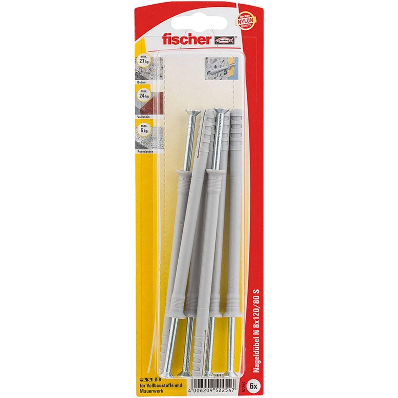 Fischer 6x Nageldübel N 8x120/80 S mit Schraube - 52254-0