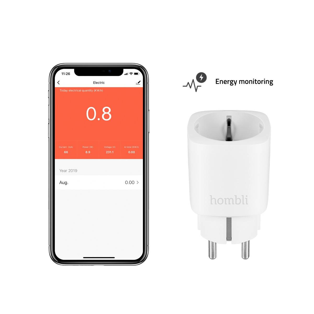 Hombli Smart-Steckdose EU, Kabellos, WLAN, Indoor, Weiß, Kunststoff, Status-3