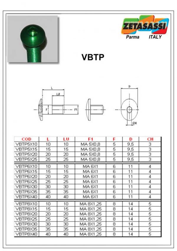 ZETASASSI VBTP5X20V, Ergal-Schrauben Vbtp