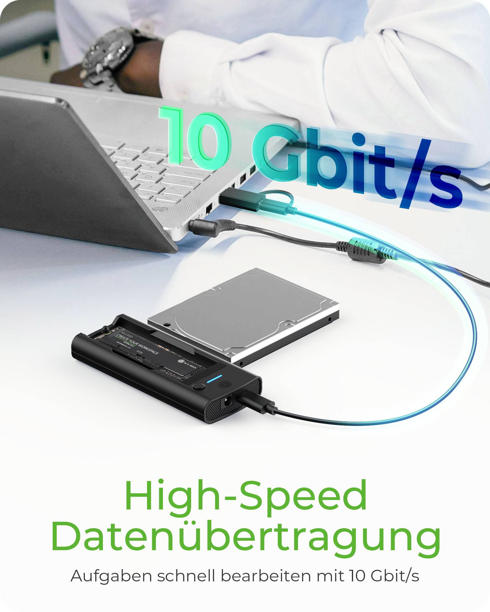 IB-180MS-C31 SSD Docking 1x 2,5"/3,5" & 1x M.2 PCIe NVMe zu USB 3.2 Gen 2 10 Gbit/s, Werkzeuglos, ohne Netzteil, Kunst.-2