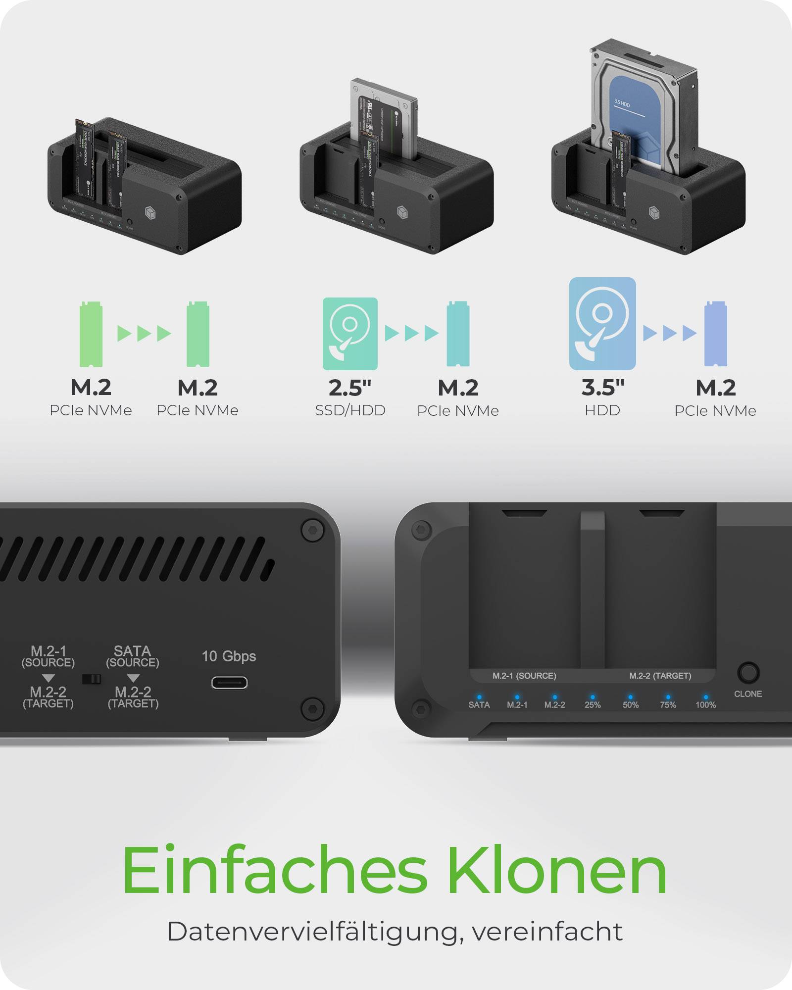 IB-2924MSCL-C31, Docking & CloneStation, klont 1x 2,5"/3,5" zu 1x M.2 NVMe & M.2 NVMe zu M.2 NVMe, erk. 3x Lw. Ü. USB-C®-1