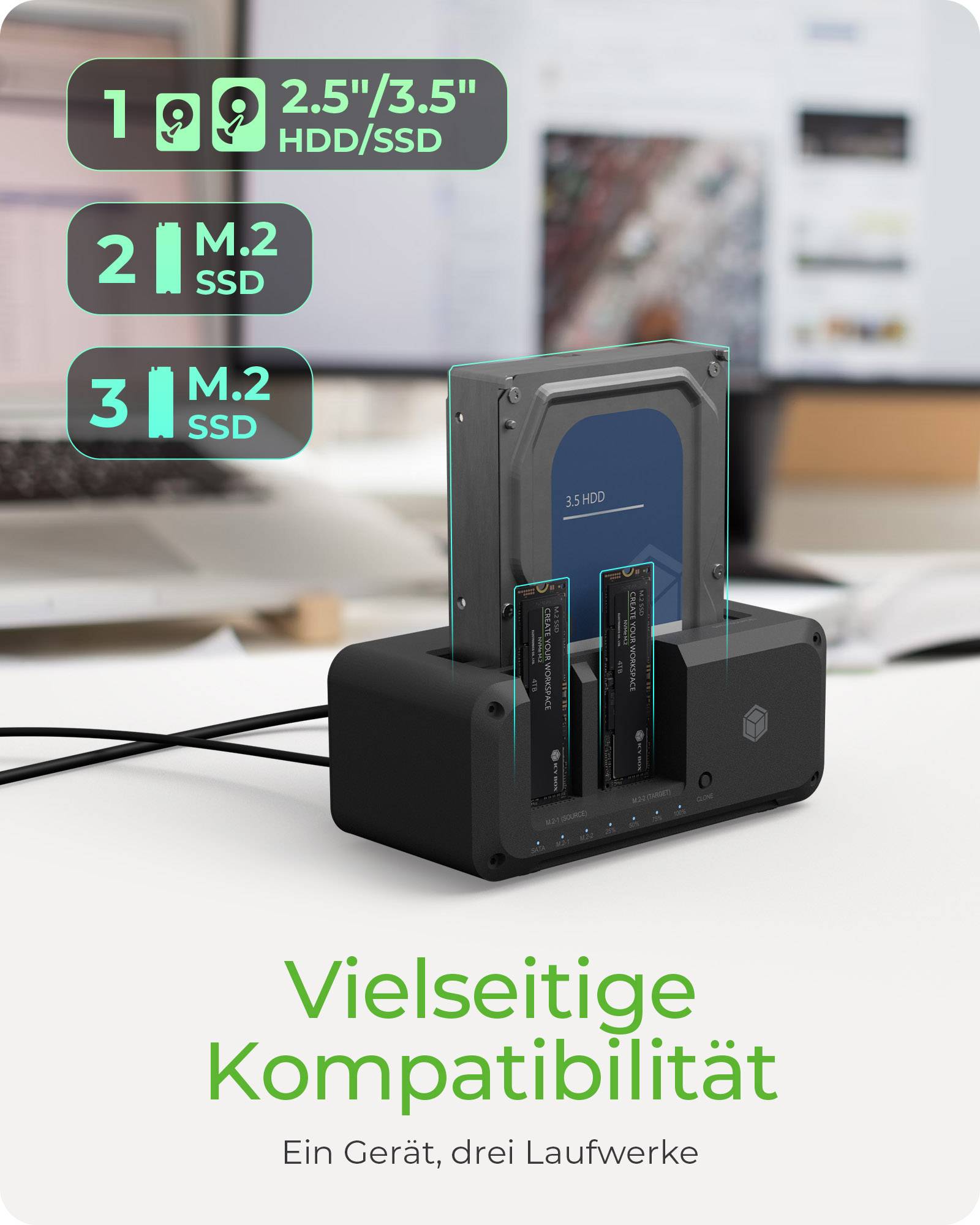IB-2924MSCL-C31, Docking & CloneStation, klont 1x 2,5"/3,5" zu 1x M.2 NVMe & M.2 NVMe zu M.2 NVMe, erk. 3x Lw. Ü. USB-C®-2