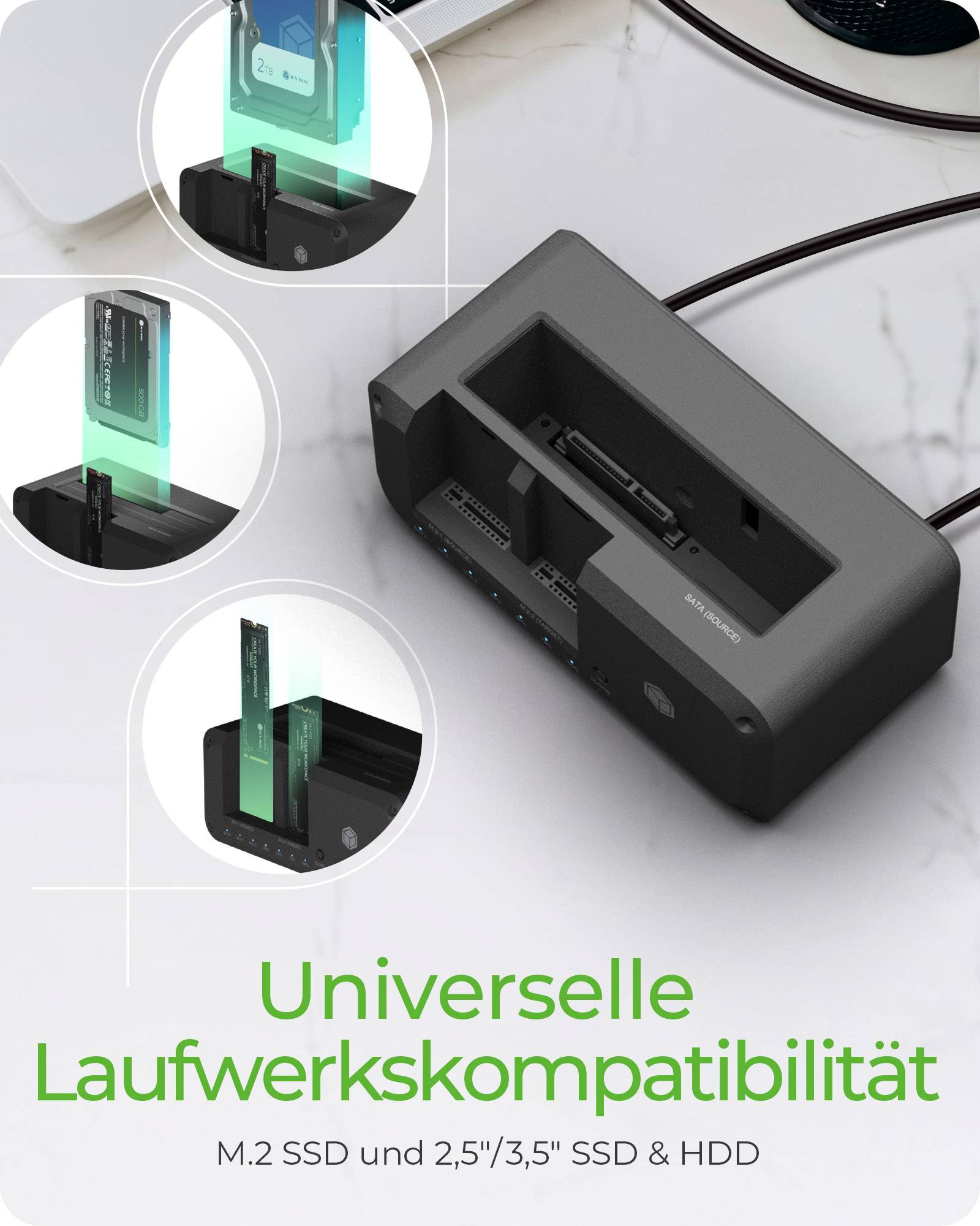 IB-2924MSCL-C31, Docking & CloneStation, klont 1x 2,5"/3,5" zu 1x M.2 NVMe & M.2 NVMe zu M.2 NVMe, erk. 3x Lw. Ü. USB-C®-4