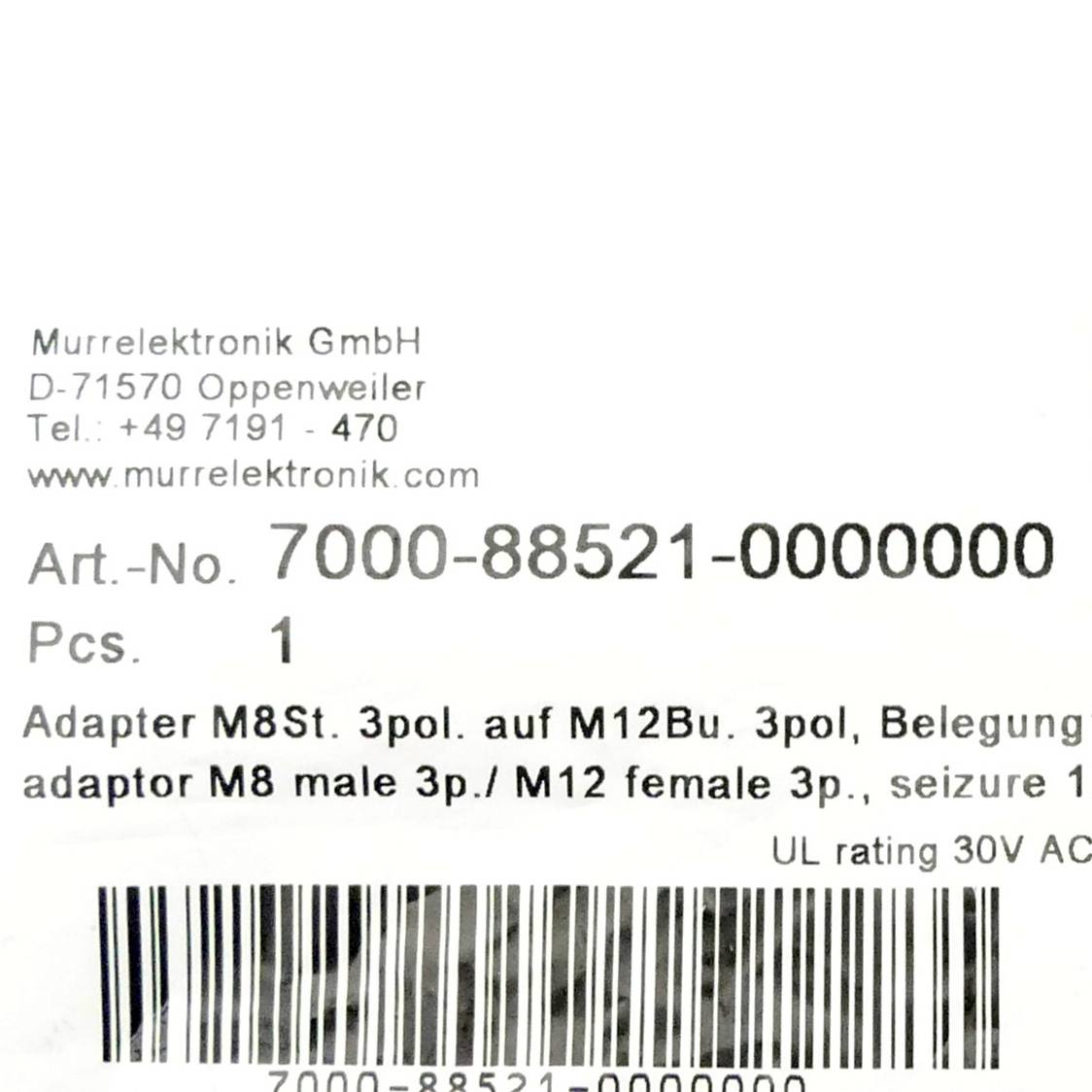 Murrelektronik GmbH Murr elektronik Adapter M8 St. / M12 Bu. A-kod. adaptor 7000-88521-0000000 Murr elektronik Adapter M-1