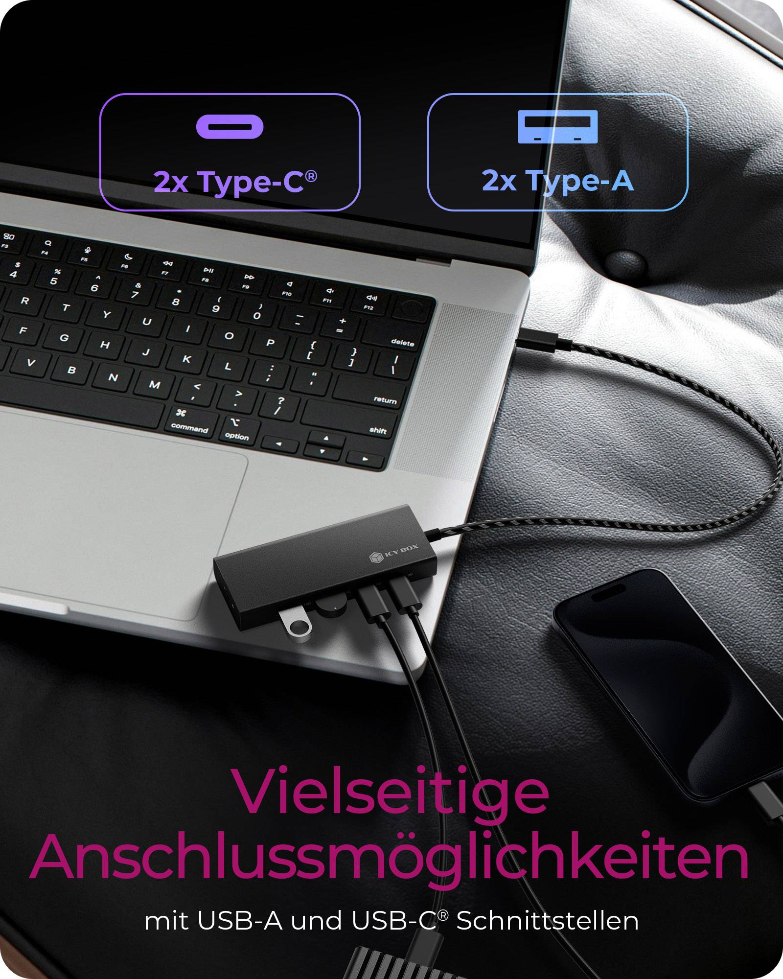 IB-HUB1436-CPD, USB 3.2 Gen 2 Hub, 1x Type-C® zu 2x Type-C® und 2x Type-A USB Anschlüssen 10 Gbit/S und PD-2