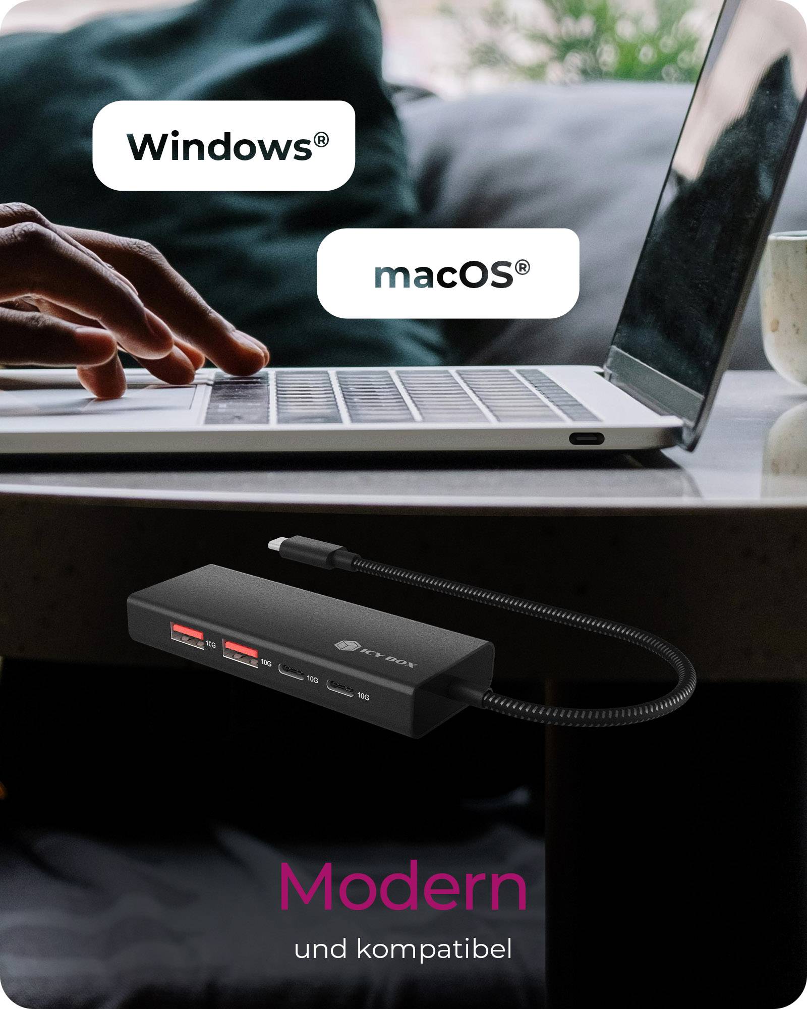 IB-HUB1436-CPD, USB 3.2 Gen 2 Hub, 1x Type-C® zu 2x Type-C® und 2x Type-A USB Anschlüssen 10 Gbit/S und PD-4