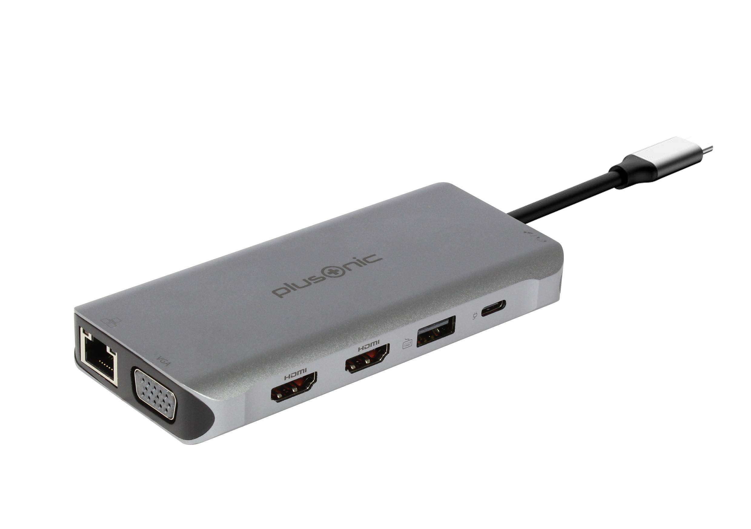 Plusonic USB-C 8in1 Docking-Station, USB-C zu 3x USB, 2x HDMI, VGA, USB-C PD, Audio, Ethernet, SD-0