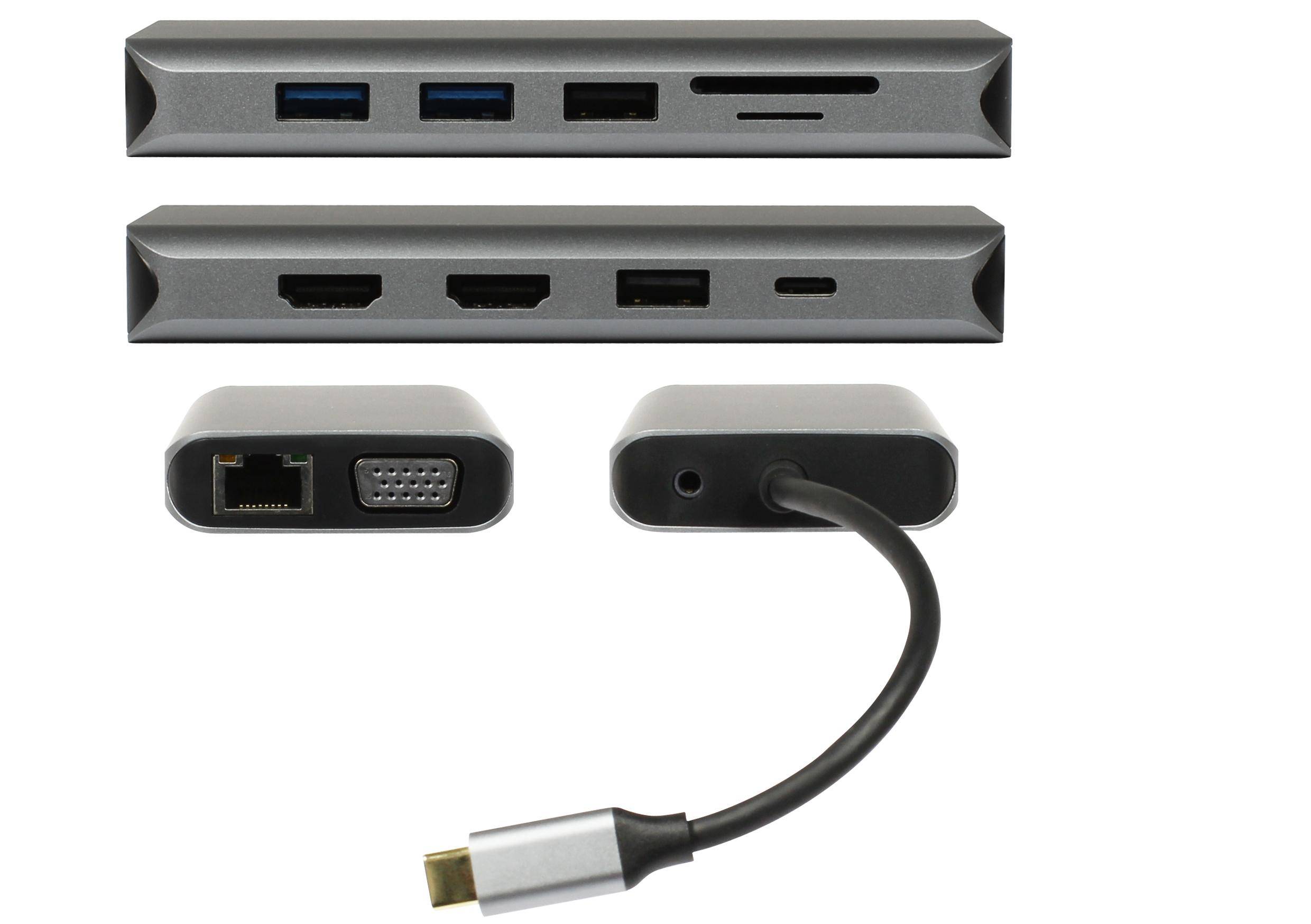 Plusonic USB-C 8in1 Docking-Station, USB-C zu 3x USB, 2x HDMI, VGA, USB-C PD, Audio, Ethernet, SD-1