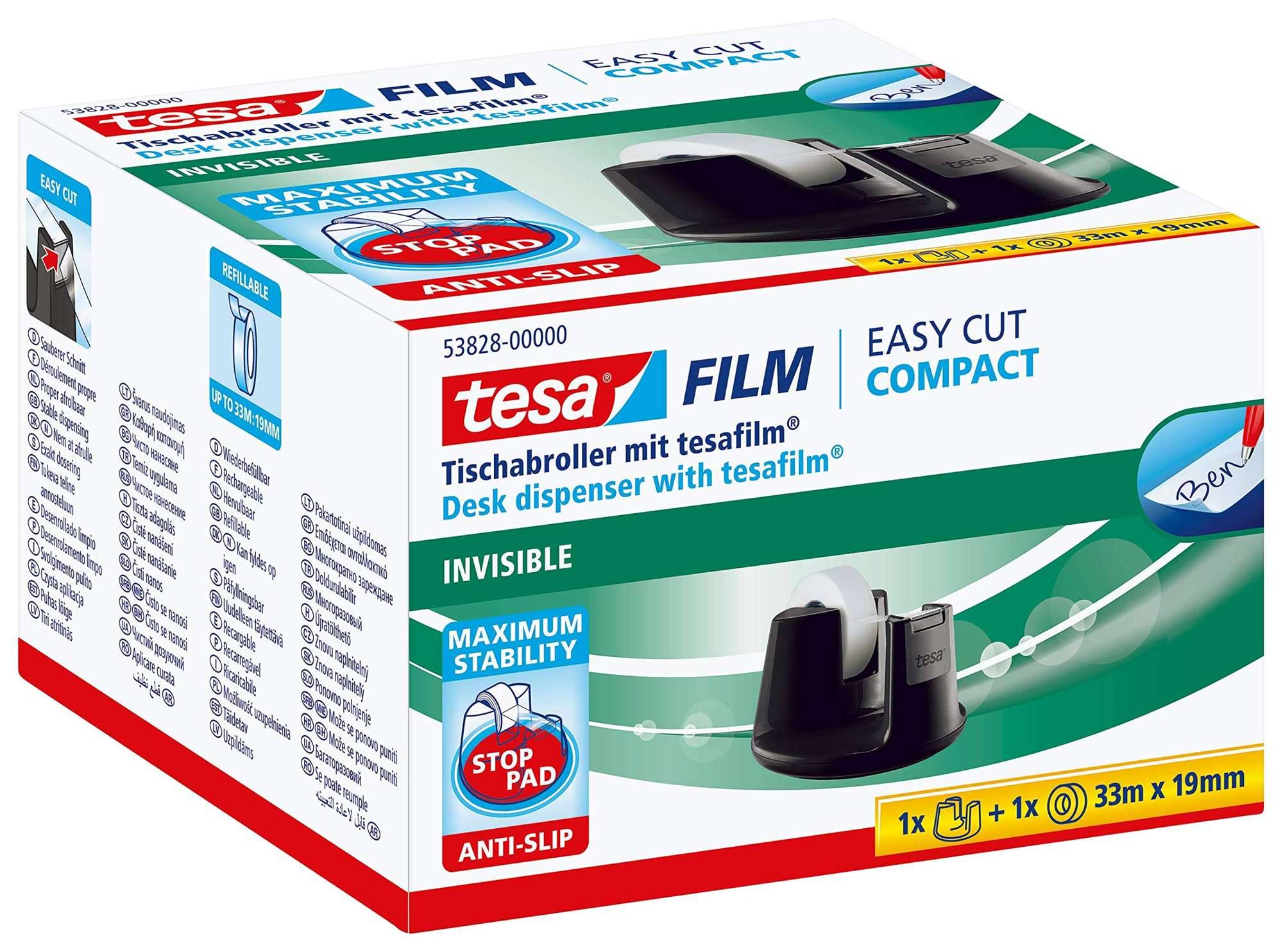 tesafilm Tischabroller Compact für Rollen bis 33 m x 19 mm, Schwarz + 1 Rolle invisible (33 m x 19 mm)-0