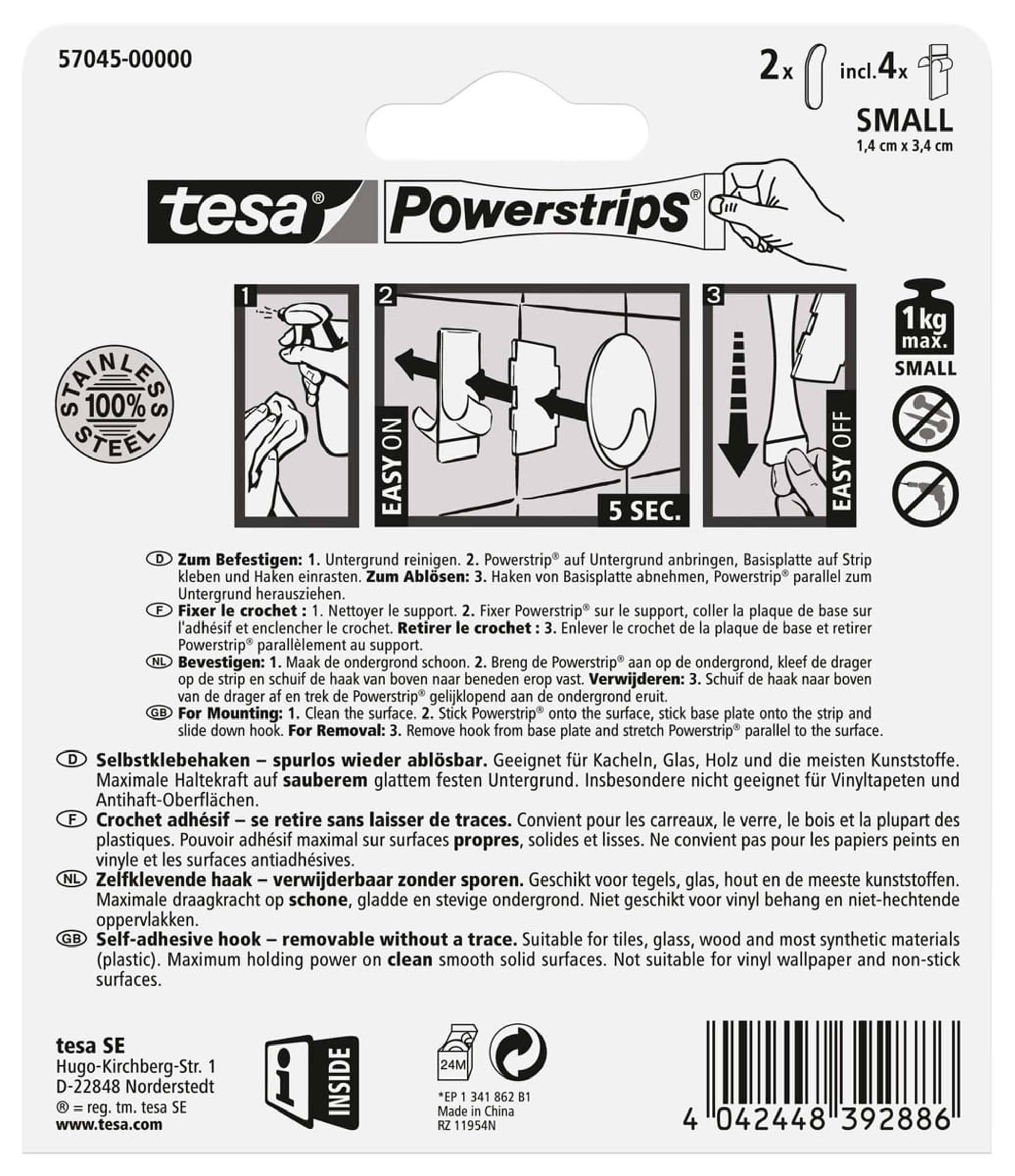 TESA 57045-00000-20, Drinnen, Handtuchhaken, Metallisch, Edelstahl, Klebestreifen, 1 kg-1