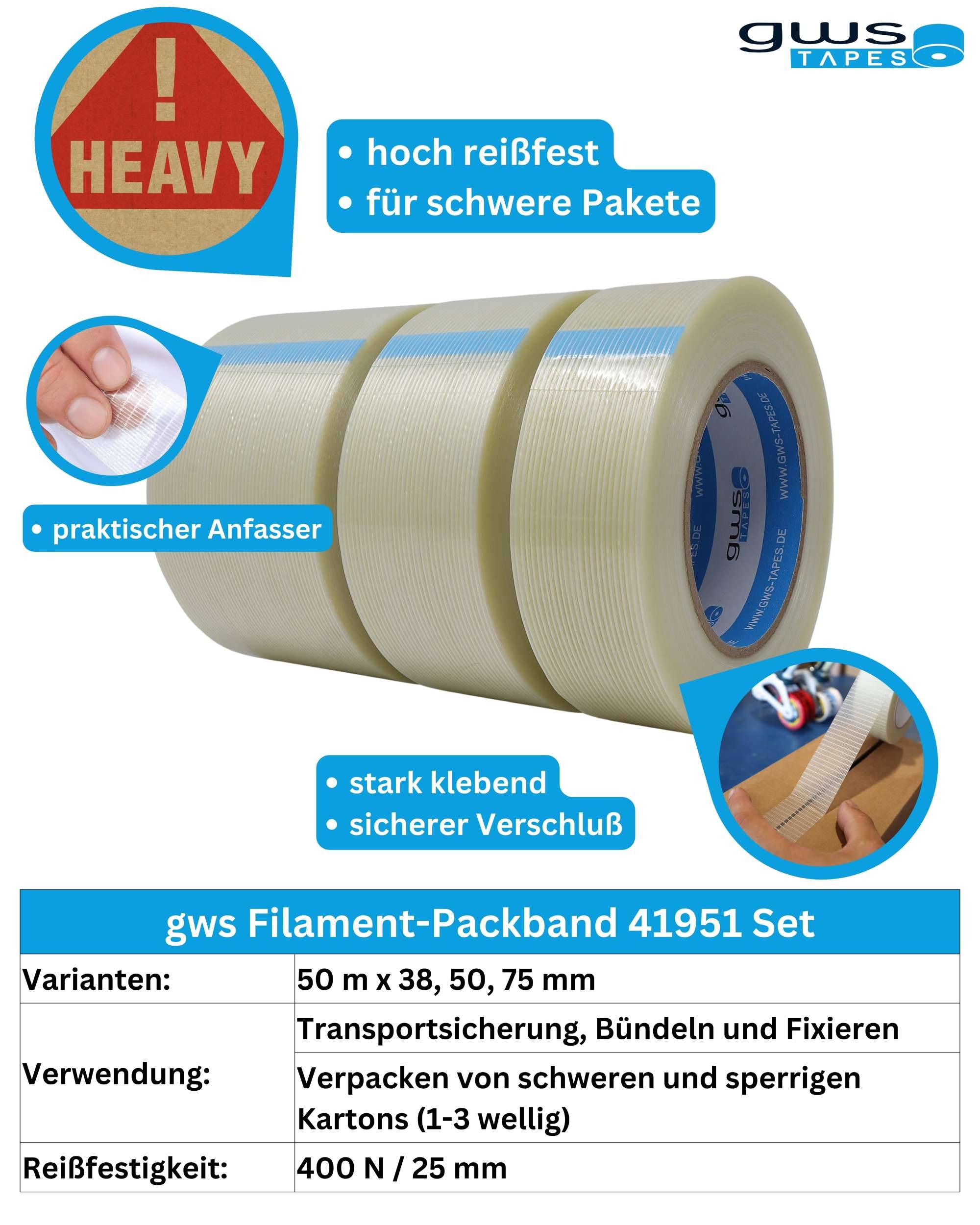 gws Filament Packband, längsverstärkt, 50 m x 75 mm, transparent-1