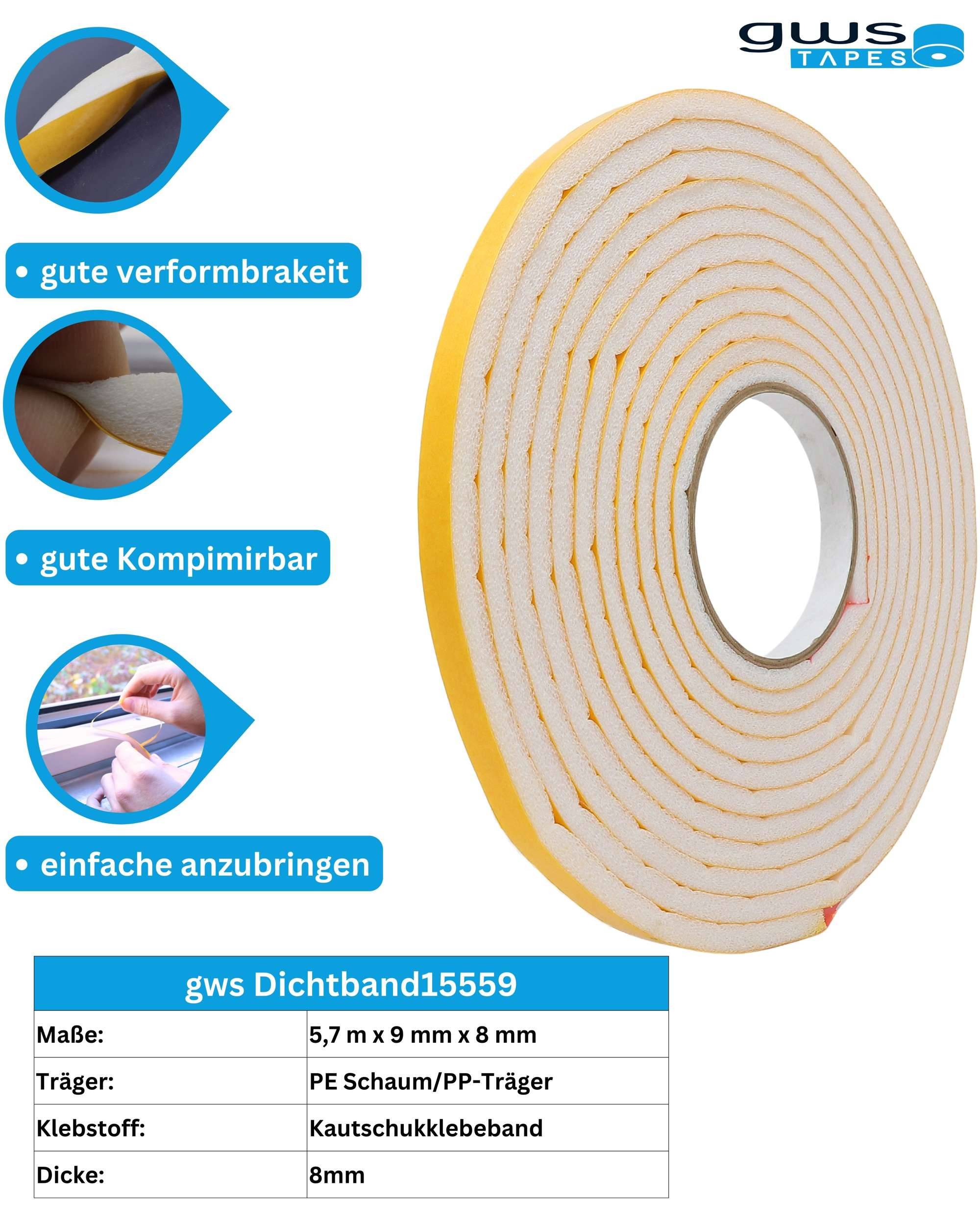 gws Dichtungsband - selbstklebendes PE-Schaumstoffband, 9 mm Breite x 8 mm Dicke x 5,7 m Länge-1
