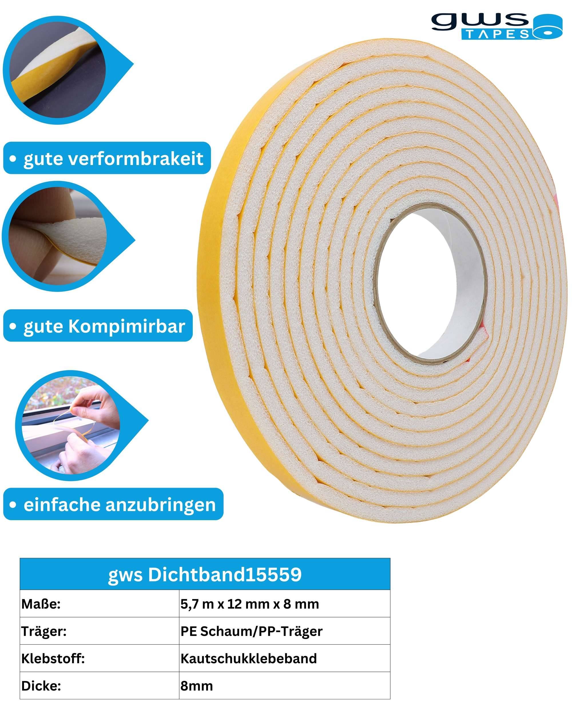gws Dichtungsband - selbstklebendes PE-Schaumstoffband, 12 mm Breite x 8 mm Dicke x 5,7 m Länge-2
