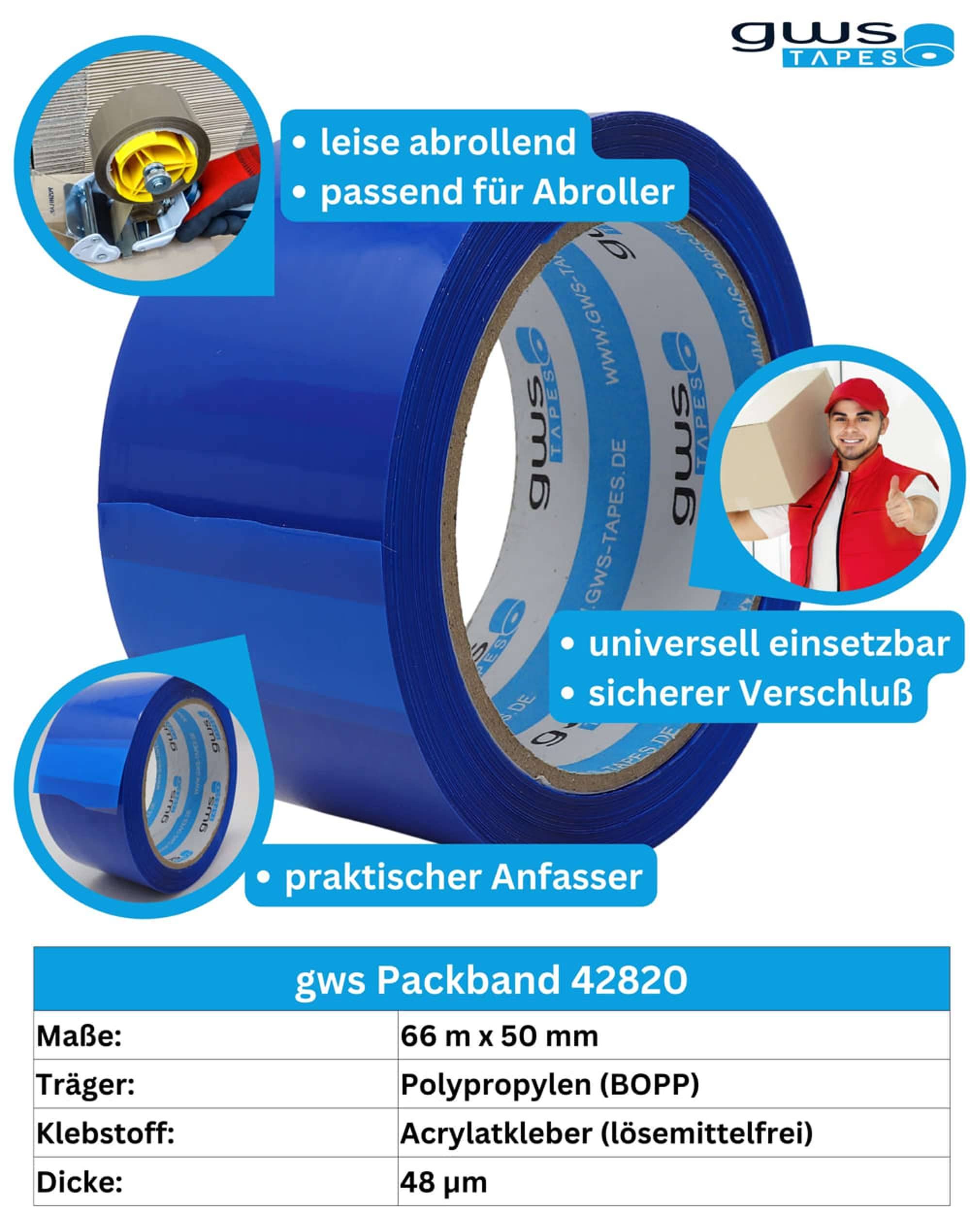 gws Verpackungsklebeband-Set, 66 m x 50 mm, Abroller + 2 Rollen blau-1