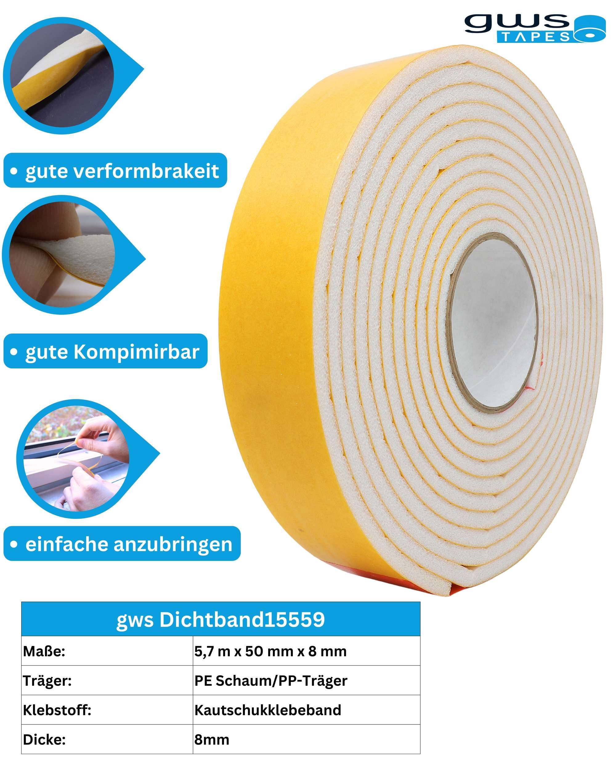 gws Dichtungsband - selbstklebendes PE-Schaumstoffband, 50 mm Breite x 8 mm Dicke x 5,7 m Länge-2