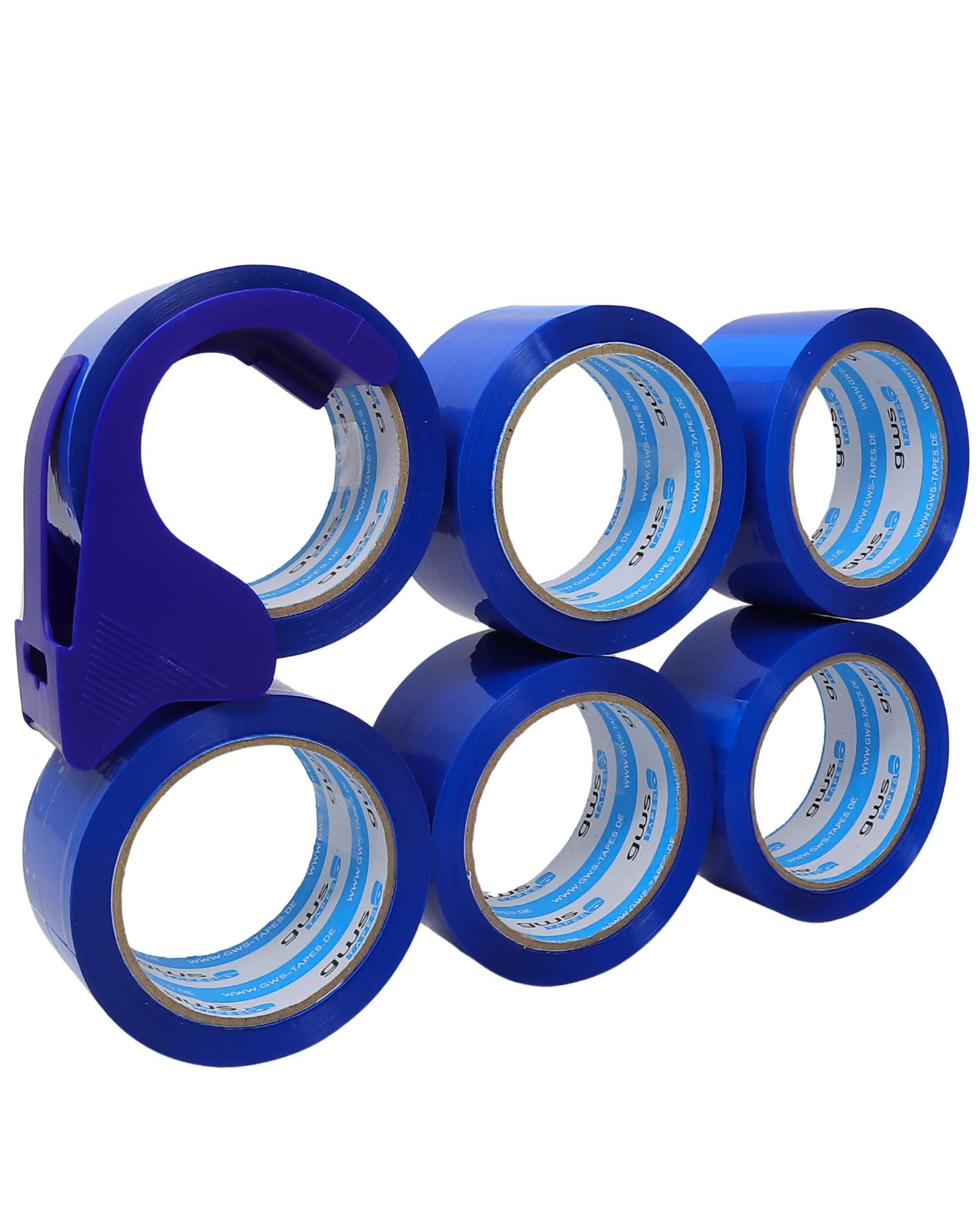 gws Verpackungsklebeband-Set, 66 m x 50 mm, Mini-Abroller + 6 Rollen blau