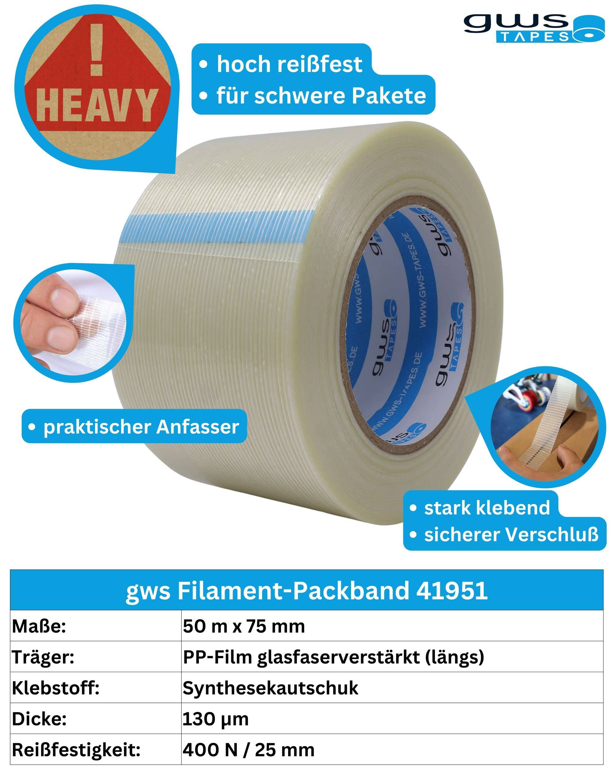 gws Filament Packband, längsverstärkt, 50 m x 75 mm, transparent-2