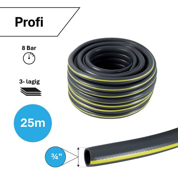 Gartenschlauch Grau 3/4 Zoll 25 m 3-lagig verstärkt knickfest "Profi"