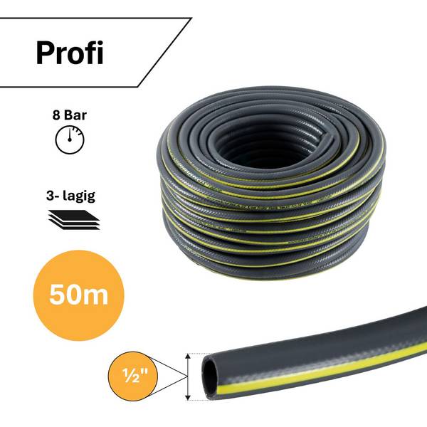 Gartenschlauch Grau 1/2 Zoll 50 m 3-lagig verstärkt knickfest "Profi"