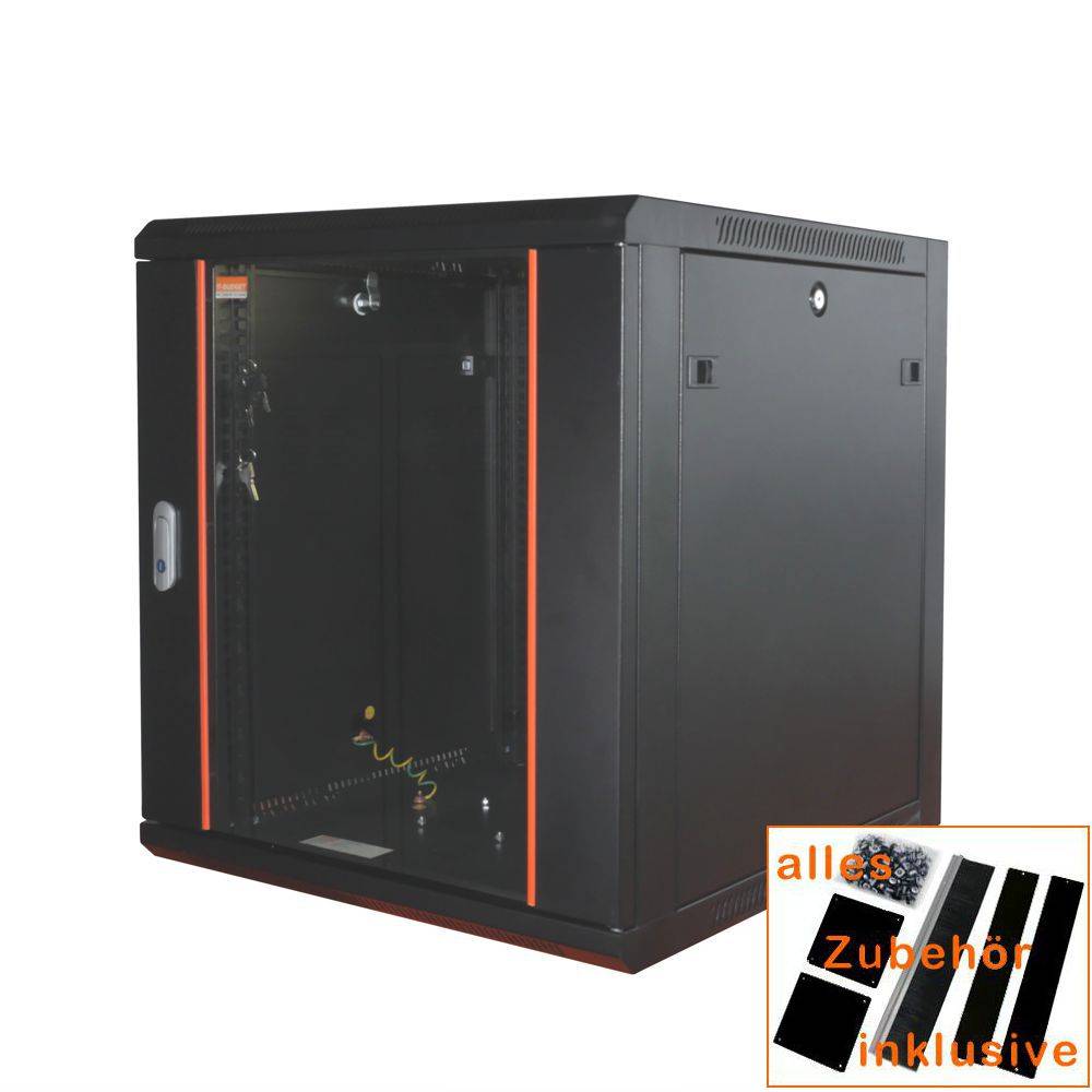 19 Zoll Netzwerkschrank 12 HE BxT 570 x 600 mm Sichttür Seiten abnehmbar Wand + Standmontage umfangreiches Zubehör-Set-0