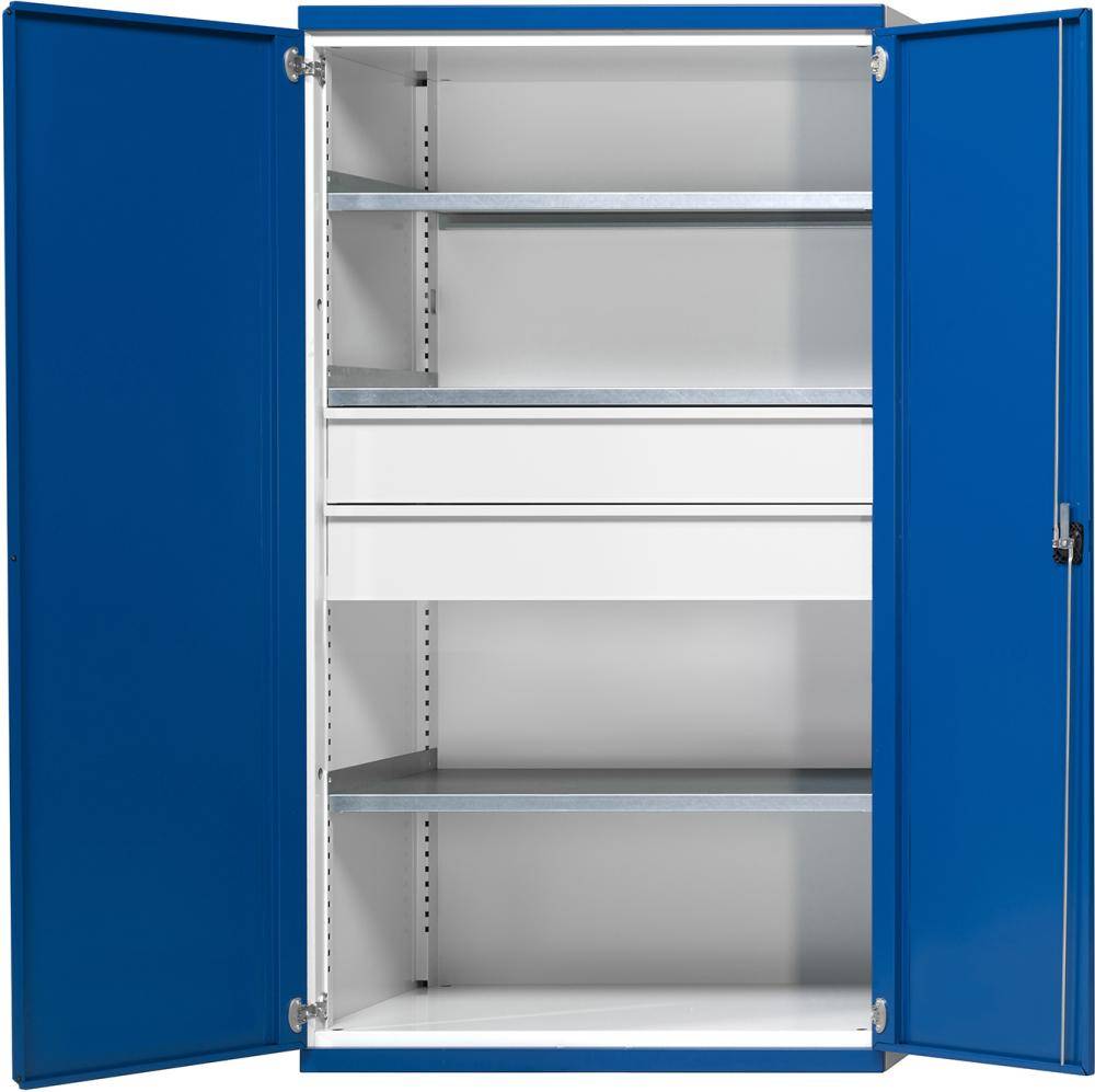 Schwerlastschrank B1085xT690xH1950mm RAL7035/5010 o.Mittelwand3Böden,2Schubladen 200kg - Artikel: 7830104334-0