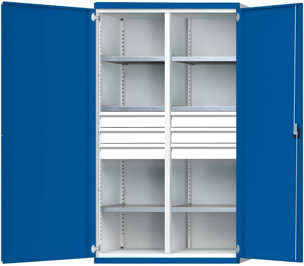 Schwerlastschrank B1085xT630xH1950mm RAL7035/5010 m.Mittelwand6Böden,6Schubladen 100kg - Artikel: 7830104339-0
