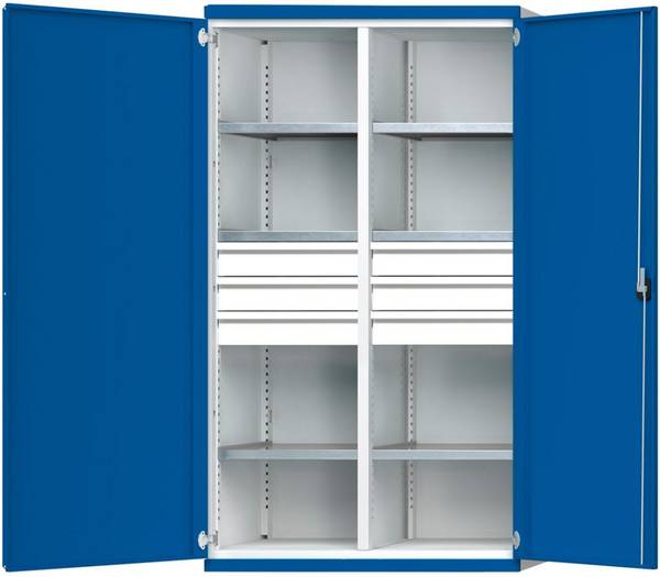 Schwerlastschrank B1085xT630xH1950mm RAL7035/5010 m.Mittelwand6Böden,6Schubladen 100kg - Artikel: 7830104339