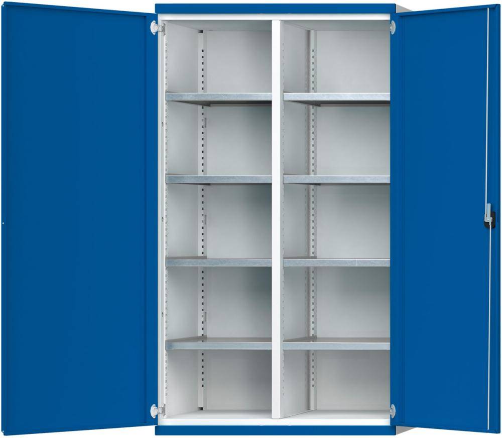 Schwerlastschrank B1085xT500xH1950mm RAL7035/5010 m.Mittelwand8 Böden - Artikel: 7830104331-0