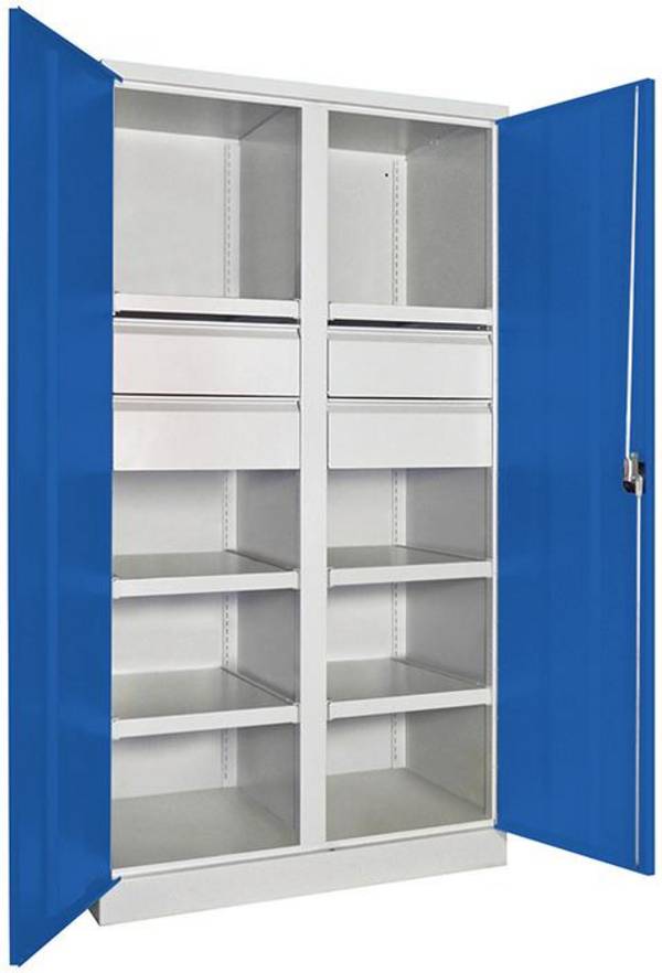 Schwerlastschrank m.TürenB1040xT630xH1950 mm 6 FB, SL 4 x FH 175 mm RAL 7035/5010 Mittelwand - Artikel: 7830354283