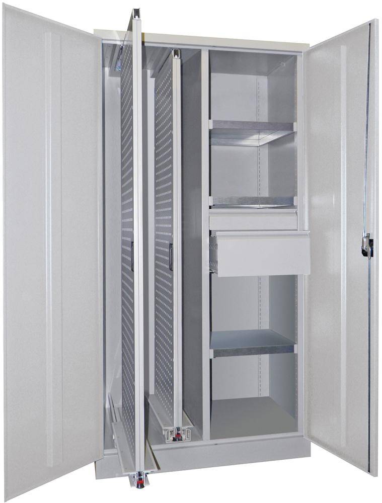Vertikalauszugsschrank B1000xT600xH1950 mm 2 Wannen, 3 Böden, 2 SL RAL 7035, Mittelwand - Artikel: 7830947247-0