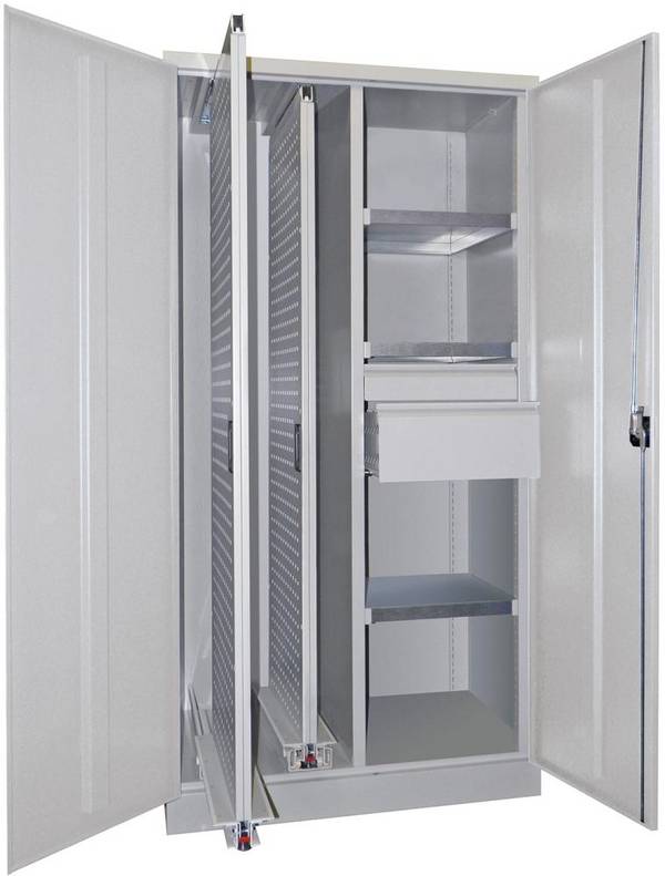 Vertikalauszugsschrank B1000xT600xH1950 mm 2 Wannen, 3 Böden, 2 SL RAL 7035, Mittelwand - Artikel: 7830947247