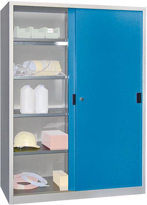 Schiebetürenschrank H1950xB1500xT500 mm 8 Böden verz. Mittelwand RAL 7035/5012-0