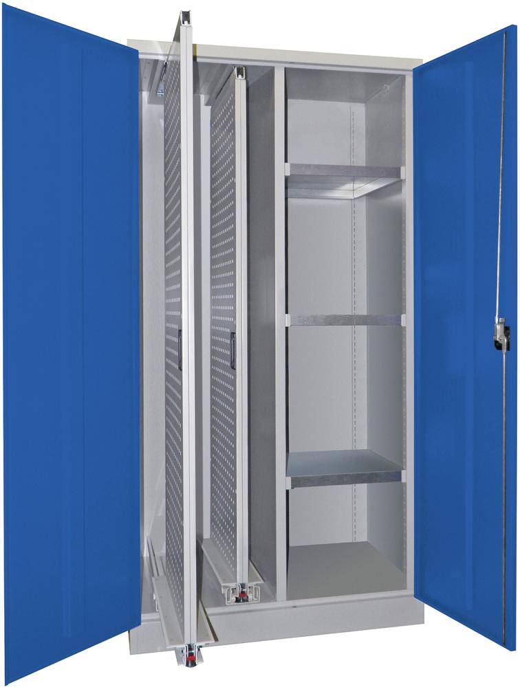 Vertikalauszugsschrank B1000xT600xH1950 mm 2 Wannen, 3 Böden RAL 7035/5010, Mittelwand - Artikel: 7830947244-0