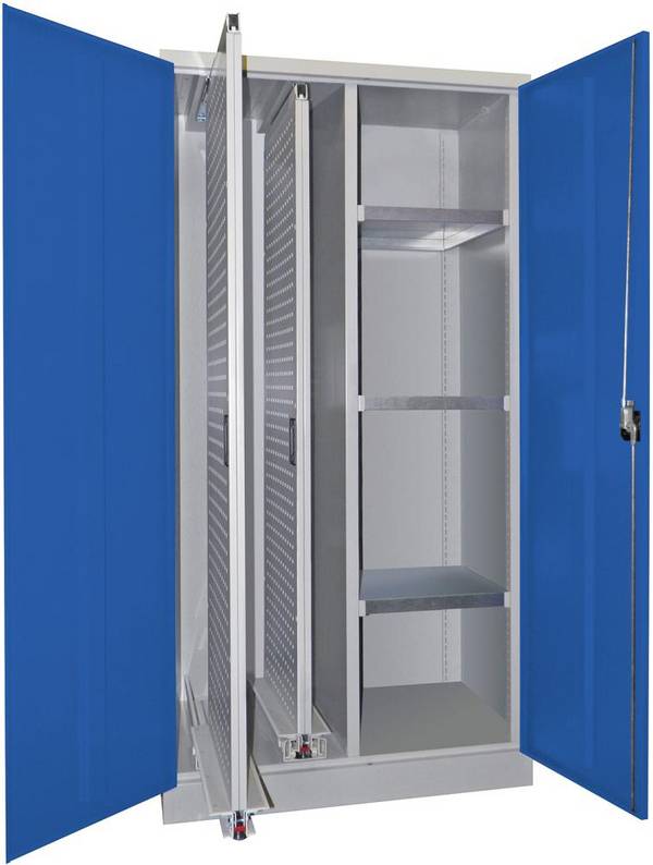 Vertikalauszugsschrank B1000xT600xH1950 mm 2 Wannen, 3 Böden RAL 7035/5010, Mittelwand - Artikel: 7830947244