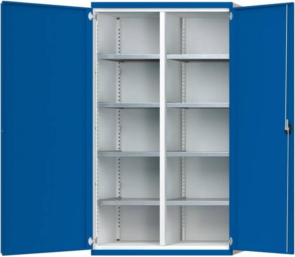 Schwerlastschrank B1085xT400xH1950mm RAL7035/5010 m.Mittelwand8 Böden - Artikel: 7830104330