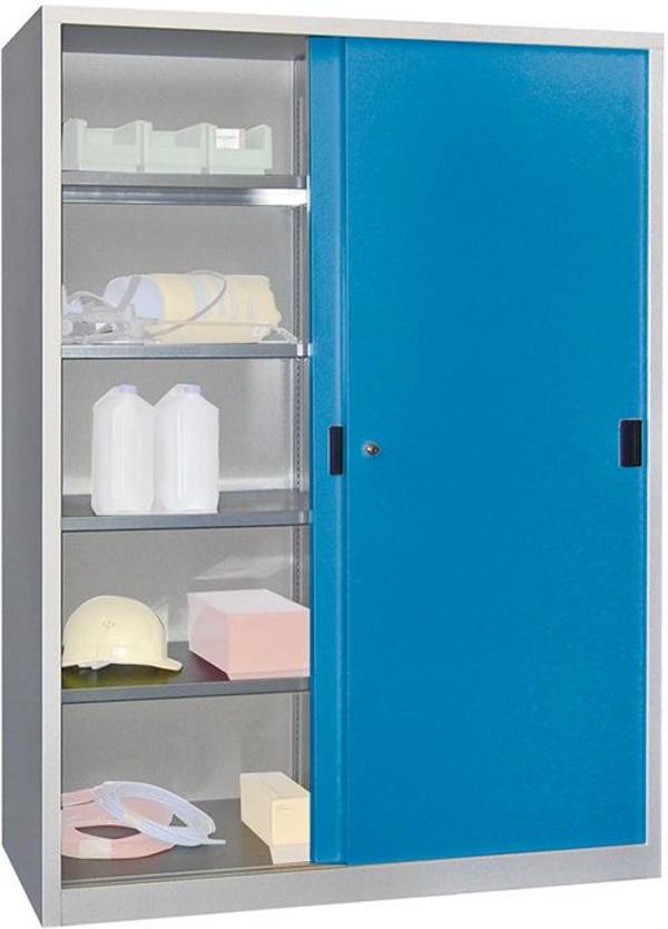 Schiebetürenschrank H1950xB1500xT600 mm 8 Böden verz. Mittelwand RAL 7035/5012