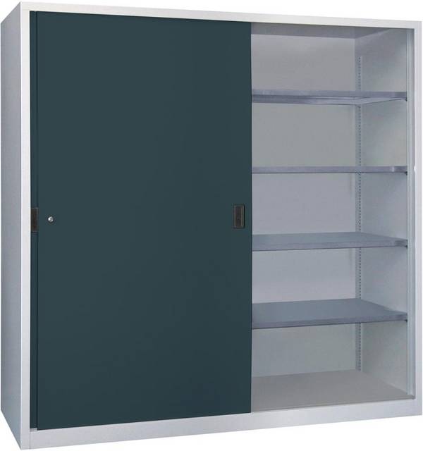 Schwerlastschrank H1950xB2000xT400 mm 8 Böden verz. Mittelwand RAL 7035/7016 Schiebetür - Artikel: 7830354389